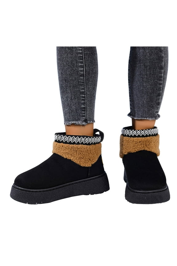 Fuzzy Platform Snow Boots for Women Cold Weather Warm Fleece Lined Fashion Plush Non Slip Winter Ankle Booties Slip-On Mid Calf Short Boots