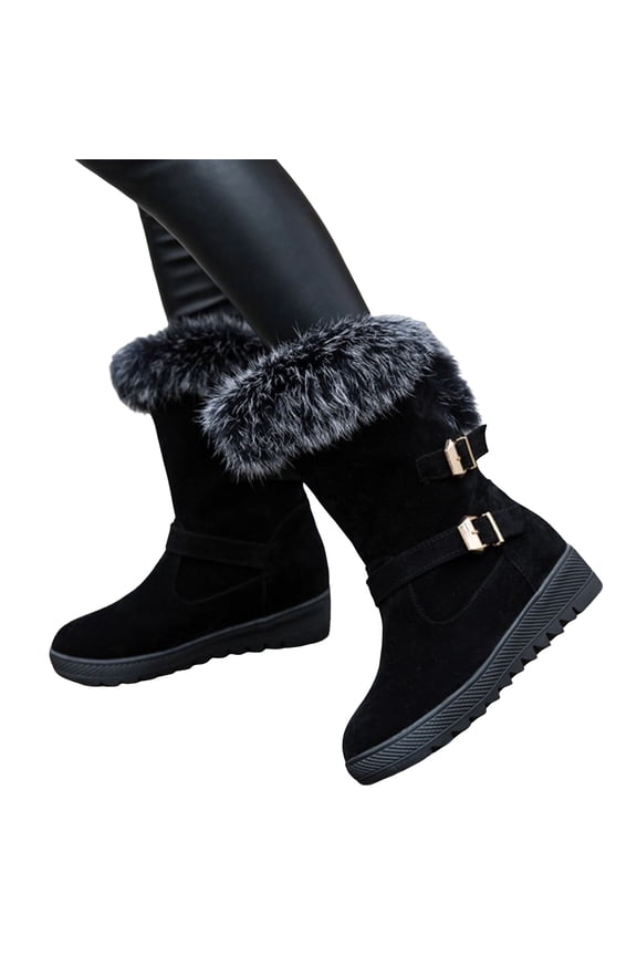 Fuzzy Platform Snow Boots for Women Suede Pull on Buckle Strap Anti-Slip Winter Mid Calf Booties