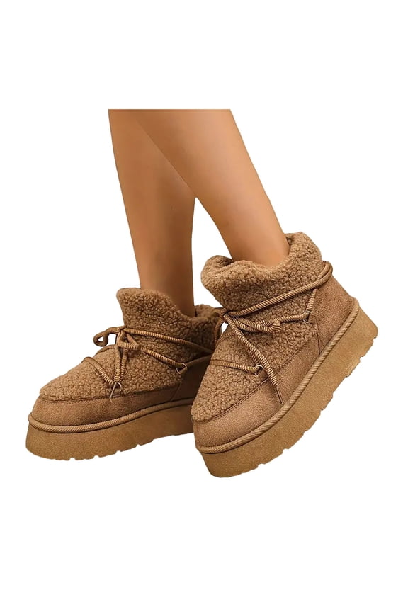Fuzzy Platform Winter Snow Boots for Women Trendy Fleece Warm Lace up Chunky Footbed Ankle Booties Fashion Sneakers