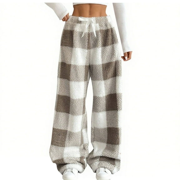 Fuzzy Plush Pants for Women Fleece Plaid Wide-Leg Trousers with Drawstring Casual High Waisted Bottoms Warm Comfy Loungewear Sherpa Pajama Pant Fall Winter Outfits