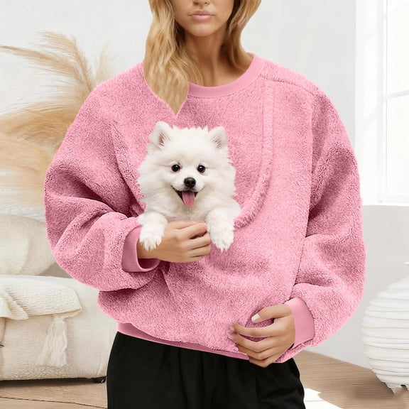 Fuzzy Pouch Hoodie for Women Casual Big Pocket Cute Loungewear Sweatshirts Long Sleeve Pullover Outwear Tops L
