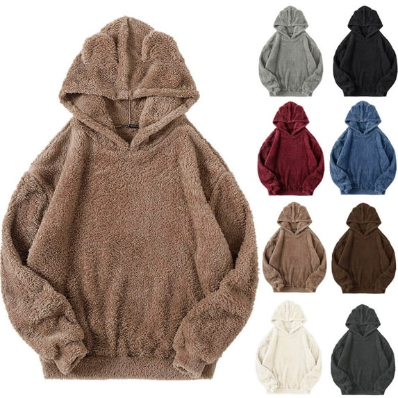 Fuzzy Pullover Hoodies for Women,Womens Fleece Hoodie Sweatshirt , Women Faux Sherpa Hoodie Sweatshirt Cute Ear Fuzzy Fleece Sweatshirt Fluffy Cute Faux Fur Pullover Hoodies for Women