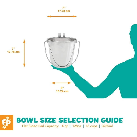 Fuzzy Puppy Flat Sided Pail with Dual Hooks, 4 Quart, Heavy Duty Stainless Steel for Dog Crates