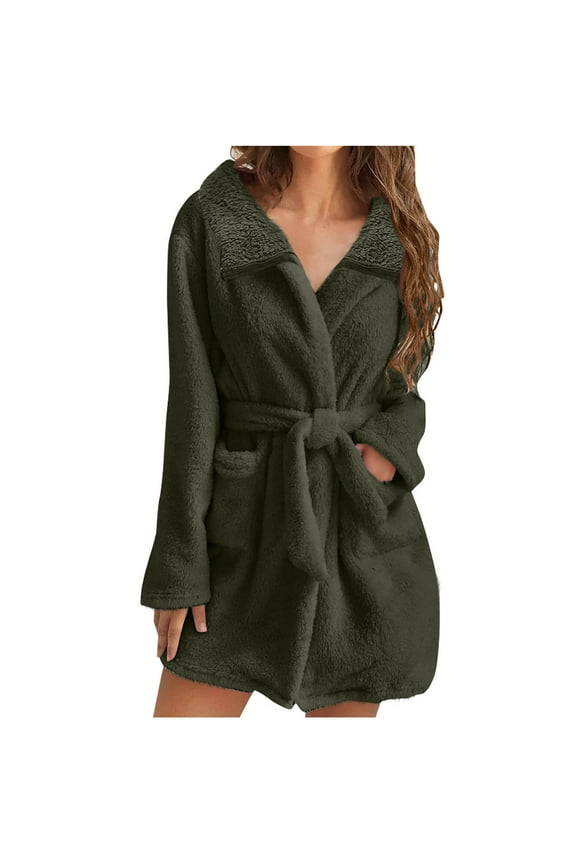Fuzzy Robe for Women Fall Winter Mid Length Lapel Bathrobe Belted Bath Robes Plush Kimono Robe with Pockets Soft Spa Robes