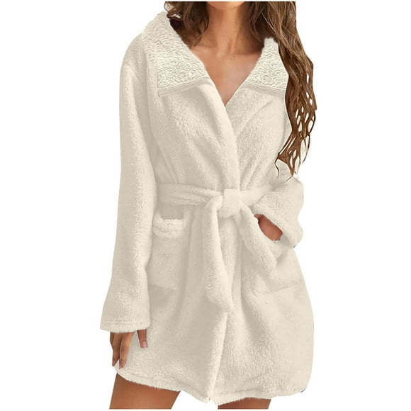 Fuzzy Robe for Women Fall Winter Mid Length Lapel Bathrobe Belted Bath Robes Plush Kimono Robe with Pockets Soft Spa Robes