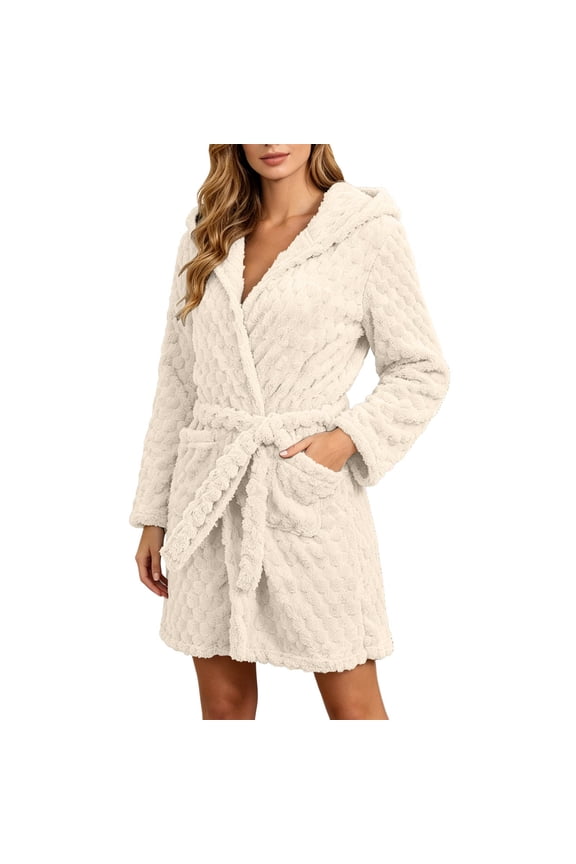 Fuzzy Robe for Women Hooded Long Sleeve Wrap Bathrobe with Belt and Pockets Soft Cozy Loungewear Sleepwear Casual Housecoat White