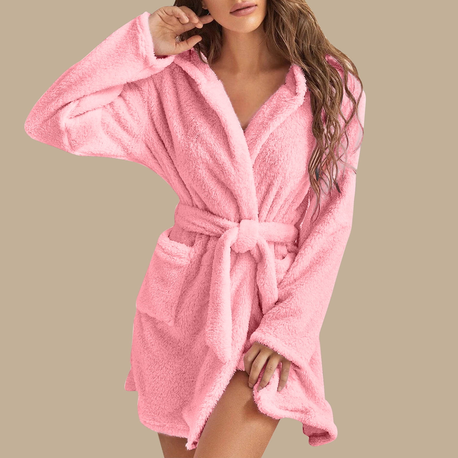 Fuzzy Robe for Women Short Bathrobe Tie Waist Solid Cute Plush Robe with  Pockets Soft Winter Spa Robes with hood 2023 