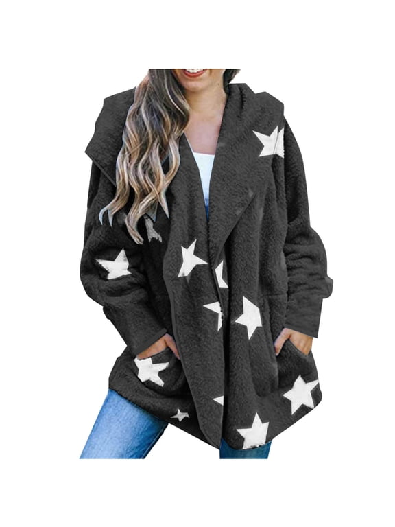 Fuzzy Shaggy Jacket Full Zip Up Women Hooded Warm Winter Coat Stars Pattern Oversize Fleece Sweater Cardigans (2XL, Black)