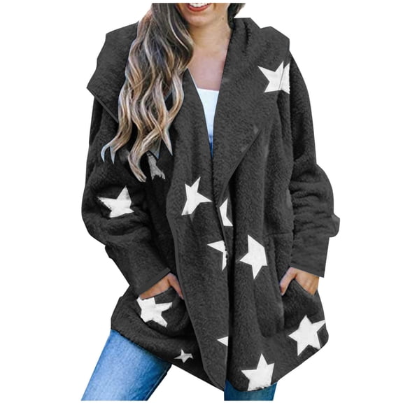 Fuzzy Shaggy Jacket Full Zip Up Women Hooded Warm Winter Coat Stars Pattern Oversize Fleece Sweater Cardigans (2XL, Black)
