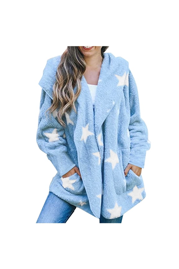 Fuzzy Shaggy Jacket Full Zip Up Women Hooded Warm Winter Coat Stars Pattern Oversize Fleece Sweater Cardigans (L, Blue)