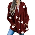 thumbnail image 1 of Fuzzy Shaggy Jacket Full Zip Up Women Hooded Warm Winter Coat Stars Pattern Oversize Fleece Sweater Cardigans (M, Wine), 1 of 7