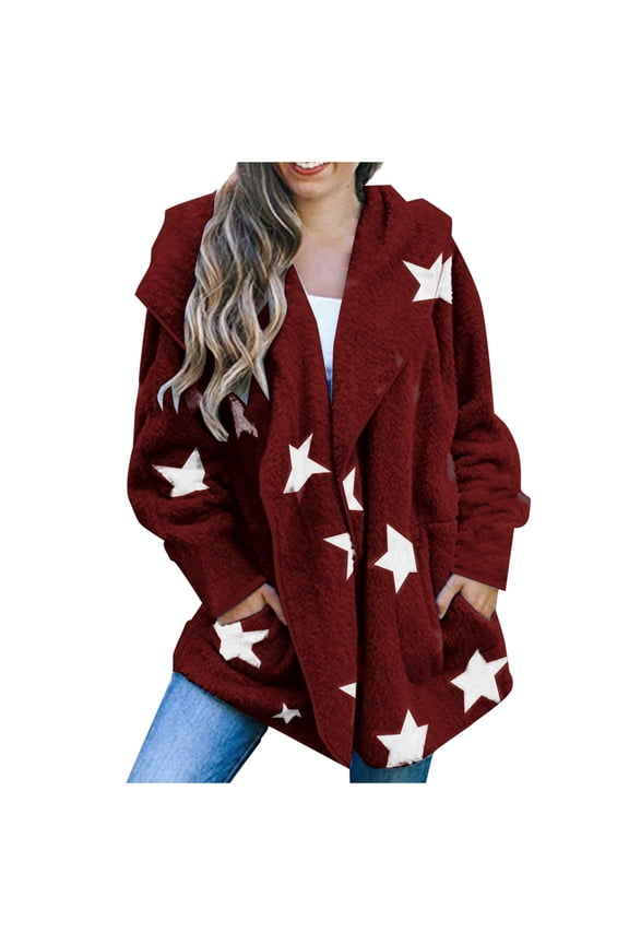 Fuzzy Shaggy Jacket Full Zip Up Women Hooded Warm Winter Coat Stars Pattern Oversize Fleece Sweater Cardigans (M, Wine)