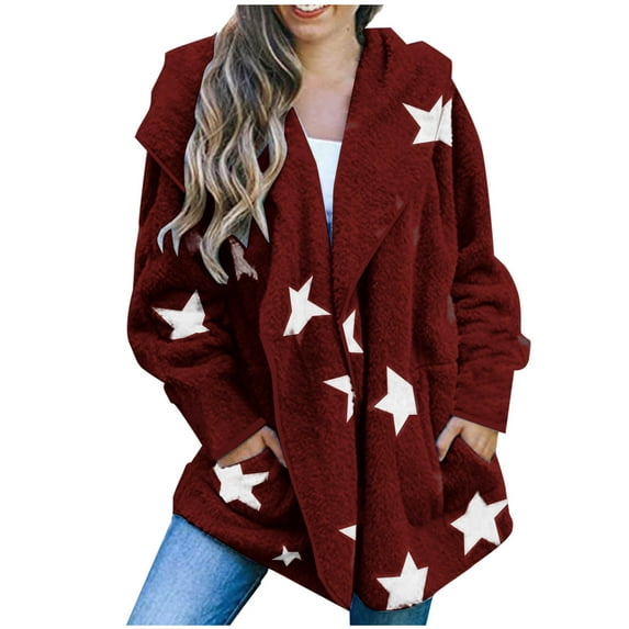 Fuzzy Shaggy Jacket Full Zip Up Women Hooded Warm Winter Coat Stars Pattern Oversize Fleece Sweater Cardigans (M, Wine)