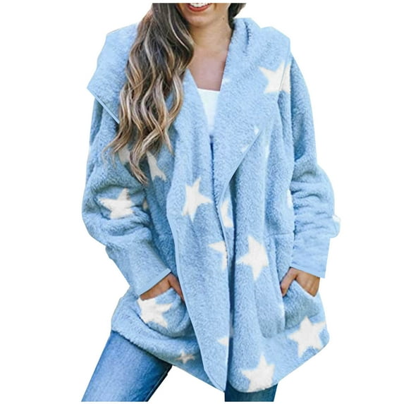 Fuzzy Shaggy Jacket Full Zip Up Women Hooded Warm Winter Coat Stars Pattern Oversize Fleece Sweater Cardigans (XL, Blue)