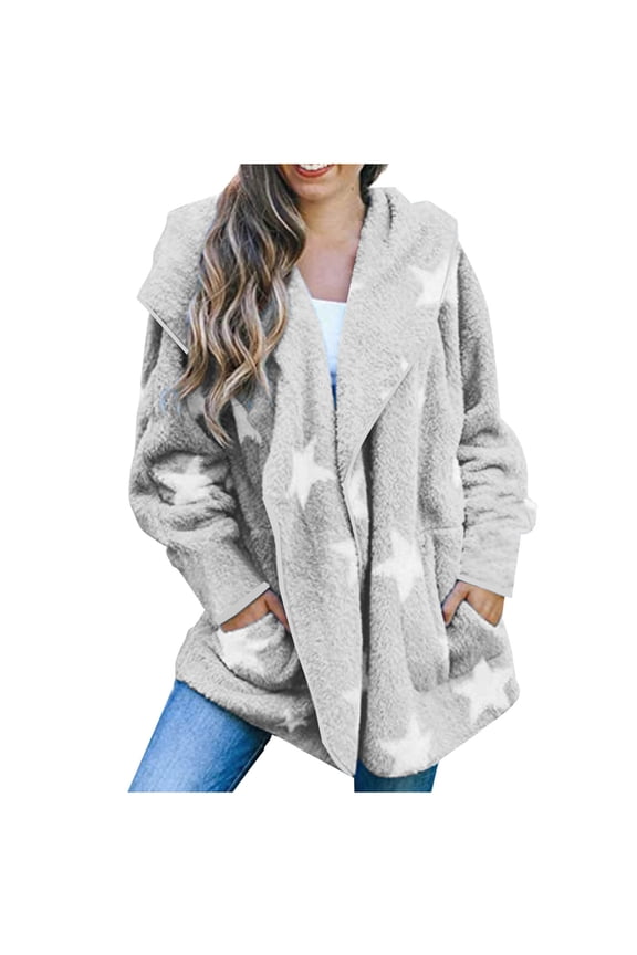 Fuzzy Shaggy Jacket Full Zip Up Women Hooded Warm Winter Coat Stars Pattern Oversize Fleece Sweater Cardigans (XL, Gray)
