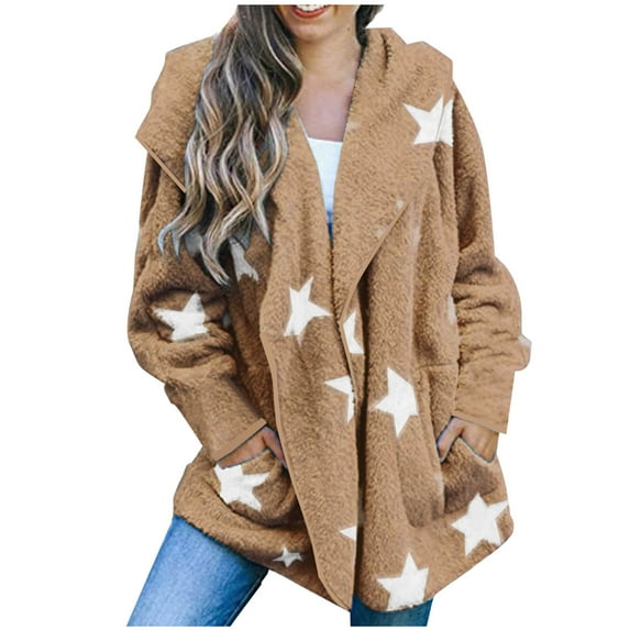 Fuzzy Shaggy Jacket Full Zip Up Women Hooded Warm Winter Coat Stars Pattern Oversize Fleece Sweater Cardigans (XL, Khaki)