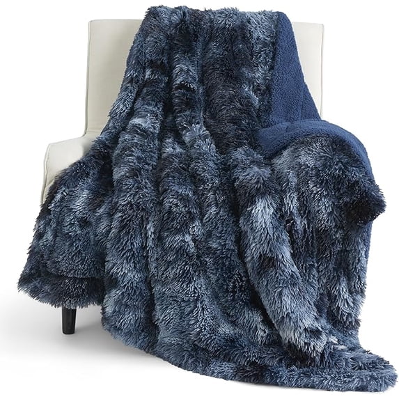 Fuzzy Sherpa Faux Fur Twin Blanket Tie Dye Navy Cozy Gifts for Women Men, Soft Fleece Plush Warm Minky Thick Blanket Twin Size for Bed, Room Decor Dorm Essentials Blue Decor Gifts, 60x80