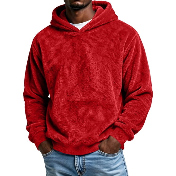 Fuzzy Sherpa Hoodie Men Oversized Soft Fleece Long Sleeve Pullover Hooded Sweatshirt with Kangaroo Pocket Warm Fall Winter Outerwear
