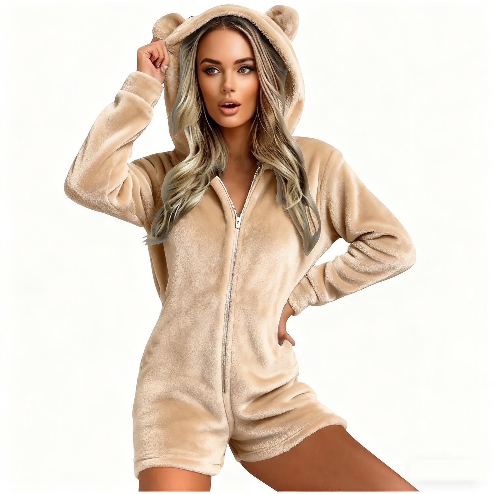 Fuzzy Shorts Jumpsuit for Women Fleece Onesie Pajamas Warm Sherpa Romper Sleepwear One Piece Zip Bear Hooded Playsuit Loungewear