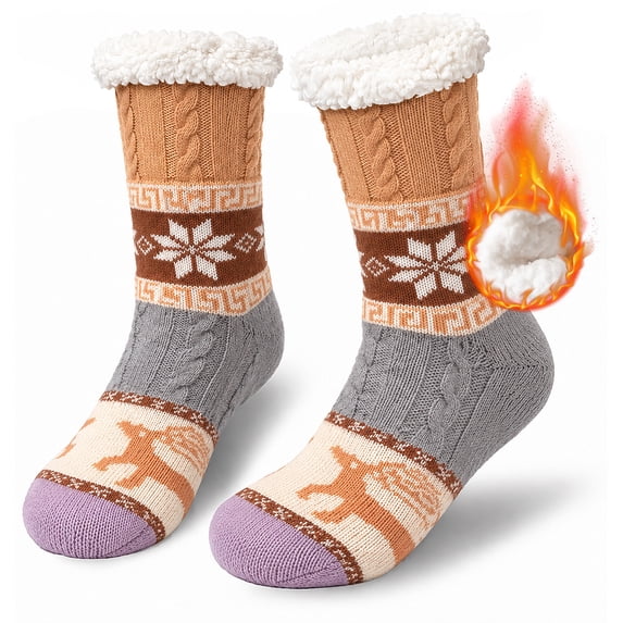 Fuzzy Slipper Socks for Women with Grips, PUTUO Sherpa Fleece Lined Non Slip Cozy Socks, Thick Warm Thermal Cabin House Socks with Reindeer Christmas Design, Size 5-10