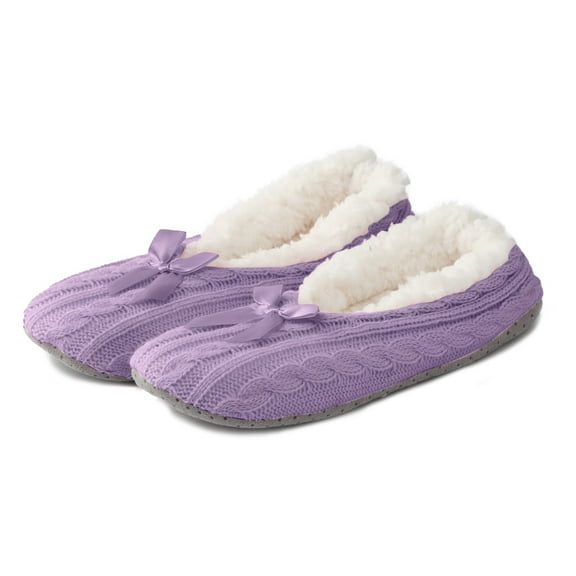 Fuzzy Slipper Socks for Women Cute Bow Soft Knit Winter Warm Slip on House Shoes Non-Slip Bedroom Booties Purple 9