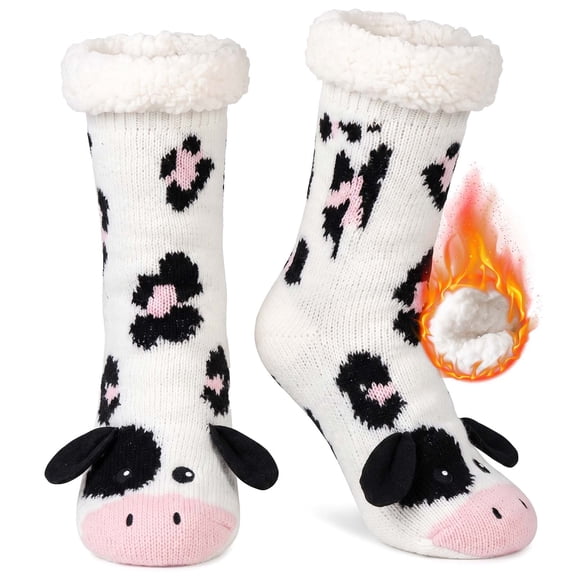 Fuzzy Slipper Socks for Women, PUTUO Warm Non Slip Grip Socks Sherpa-Lined Thick Cozy Fluffy Mid Calf Winter Home Socks, Cow Pattern