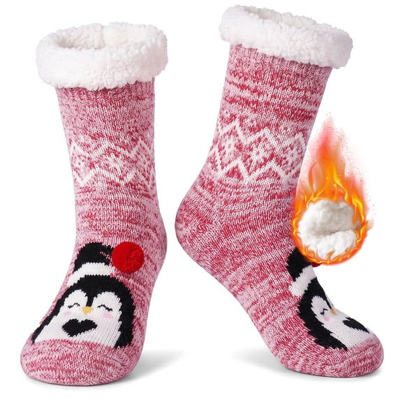 Fuzzy Slipper Socks for Women, PUTUO Warm Non Slip Grip Socks Sherpa-Lined Thick Cozy Fluffy Mid Calf Winter Home Socks, Penguin Pattern