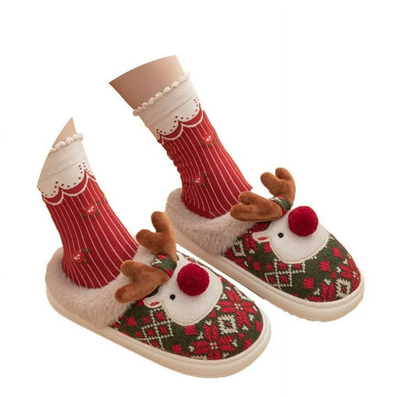 Fuzzy Slippers For Women Christmas Deer Closed Toe Flat Bottom Warm Slippers Warm Cozy Winter House Slippers Bedroom Indoor House Shoes