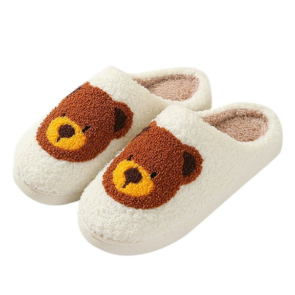 Fuzzy Slippers For Women Couples Winter Warm Home Cover Toe Bear Print Flat Men'S Sandals Warm Cozy Winter House Slippers Bedroom Indoor House Shoes