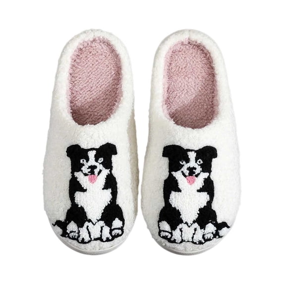 Fuzzy Slippers Women Cute Dog Pattern On Indoor Fluffy Winter House Shoes Warm Slippers Plush Slippers Bedroom Slippers Women Slippers for Home White 37