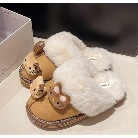 Fuzzy Slippers for Women Girls, Cute Hello Kitty House Shoes, Anime Warm Plush Slipper Birthday Gift for Daughter Wife Girlfriend Cute Cartoon Outdoor Flat Slippers 5.5-6/36-37