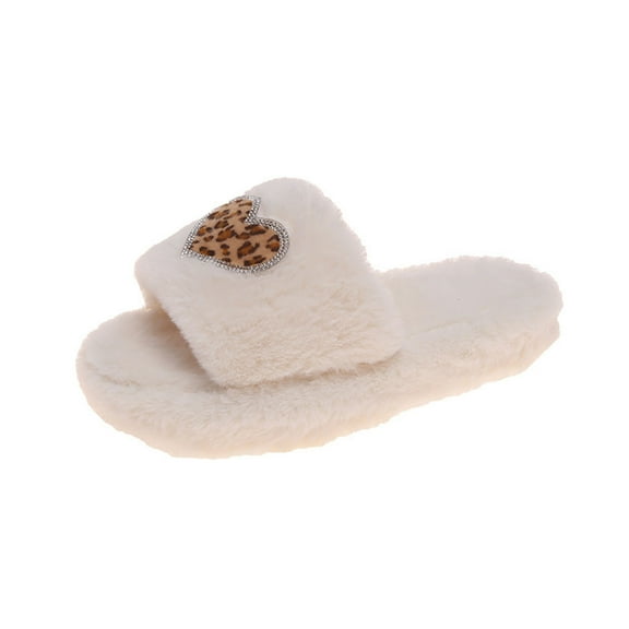 Fuzzy Slippers For Women Leopard Print Rhinestone Love Plush Shoes Thick-Soled Cotton Slippers Warm Cozy Winter House Slippers Bedroom Indoor House Shoes