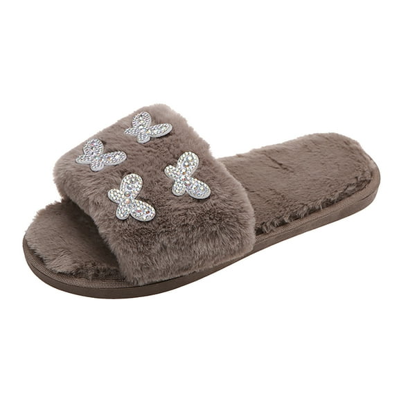 Fuzzy Slippers For Women Rhinestone Butterfly Decorative Open Toe Comfort Flat Cotton Slippers Warm Cozy Winter House Slippers Bedroom Indoor House Shoes