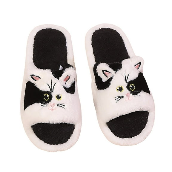 Fuzzy Slippers For Women Slippers Fuzzy Comfortable Shoes Cute Cat Print Open Toe Flat Slides Cozy Fall Winter Home Footwear Warm Cozy Winter House Slippers Bedroom Indoor House Shoes