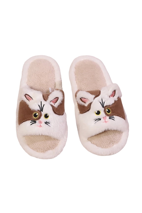 Fuzzy Slippers For Women Slippers Fuzzy Comfortable Shoes Cute Cat Print Open Toe Flat Slides Cozy Fall Winter Home Footwear Warm Cozy Winter House Slippers Bedroom Indoor House Shoes