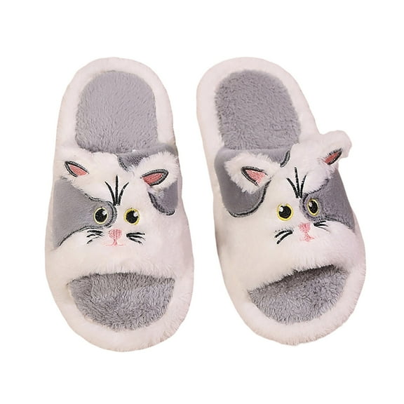 Fuzzy Slippers For Women Slippers Fuzzy Comfortable Shoes Cute Cat Print Open Toe Flat Slides Cozy Fall Winter Home Footwear Warm Cozy Winter House Slippers Bedroom Indoor House Shoes