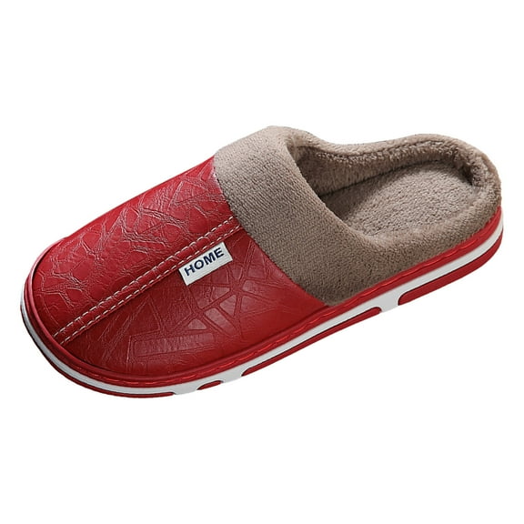 Fuzzy Slippers Women Solid Color Leather Bedroom Slippers Home Warm Padded Slip On Indoor Fluffy Winter House Shoes Plush Slippers Ladies House Slippers Red 37