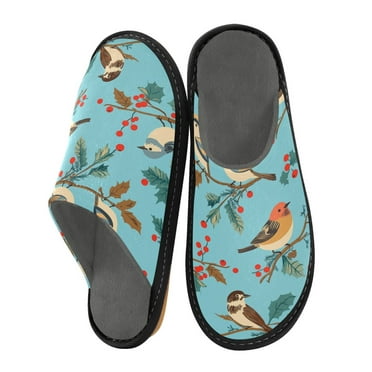 Fuzzy Slippers Women and Men Non-slip Fuzzy Flat Slippers House Bedroom Slippers for Adult Birds and Berries Pattern