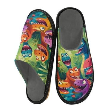 Fuzzy Slippers Women and Men Non-slip Fuzzy Flat Slippers House Bedroom Slippers for Adult Colorful Cartoon Dinosaurs