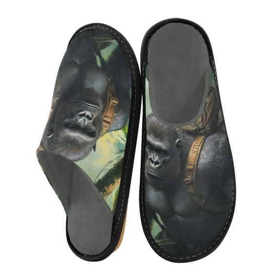 Fuzzy Slippers Women and Men Non-slip Fuzzy Flat Slippers House Bedroom Slippers for Adult Gorilla with A Backpack