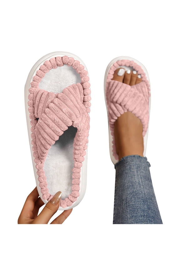 Fuzzy Slippers for Women Cross Band Ribbed Fuzzy Slippers Open Toe Slippers Indoor Home Bedroom Spa Lounge Travel Cozy Winter Warm Footwear