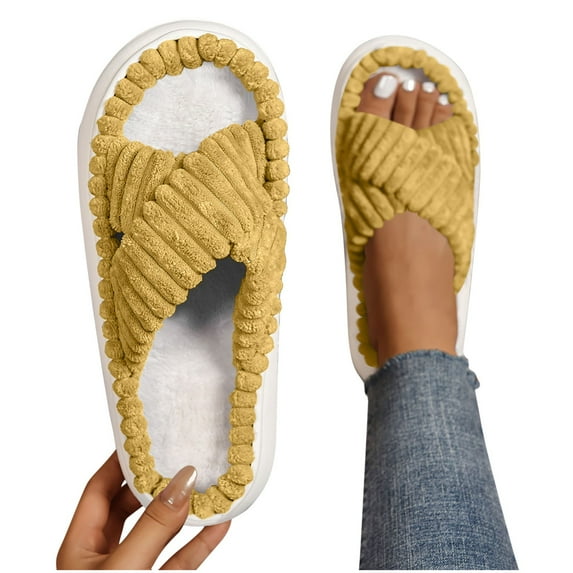 Fuzzy Slippers for Women Cross Band Ribbed Fuzzy Slippers Open Toe Slippers Indoor Home Bedroom Spa Lounge Travel Cozy Winter Warm Footwear