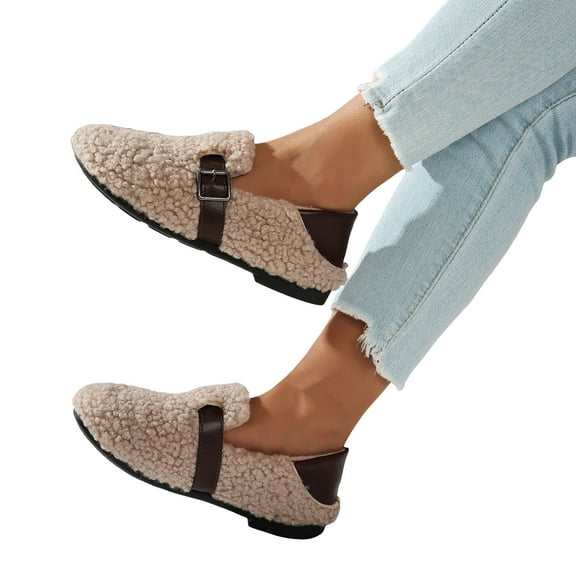 Fuzzy Slippers for Women Fashion Buckle Strap Slip on Winter Loafers Casual Warm Low Top Flat Walking Shoes Khaki Size 8.5