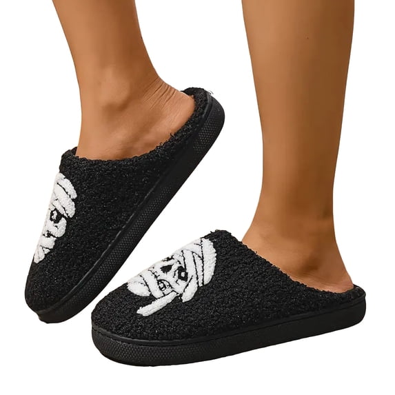 Fuzzy Slippers for Women Funny Ghost Pumpkin Pattern Slip on Memory Foam Winter Warm House Shoes