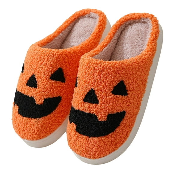 Fuzzy Slippers for Women Funny Pumpkin Ghost Print Slip on Memory Foam Winter Bedroom House Shoes