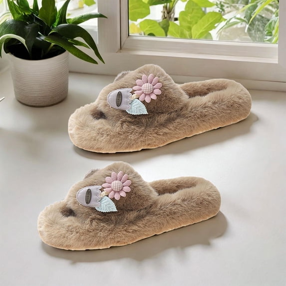 Fuzzy Slippers for Women Furry Home Shoes Warm Cartoon Flower Bedroom Shoes Indoor Outdoor Slide Slipper Slip on House Shoes for Women Girls Khaki 37