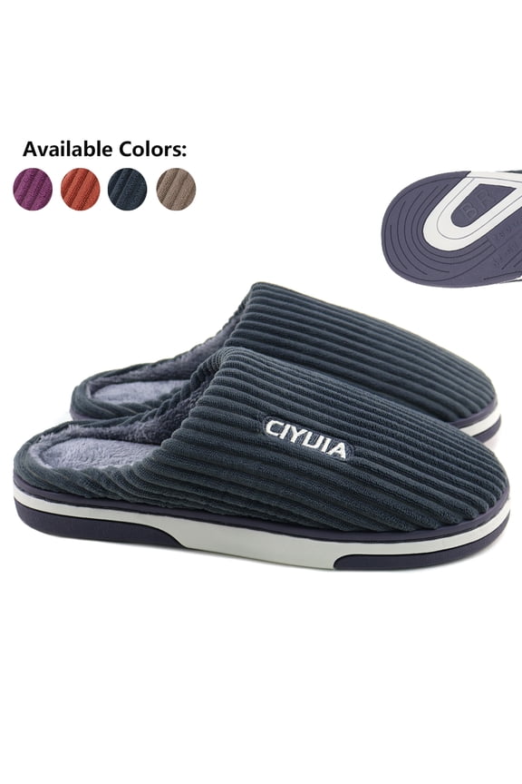 Fuzzy Slippers for Women Men Memory Foam Winter House Shoes, Tekcoo Slip-On Indoor Comfy Men's Slippers with Non-Slip Sole (Navy, Size 9-10)