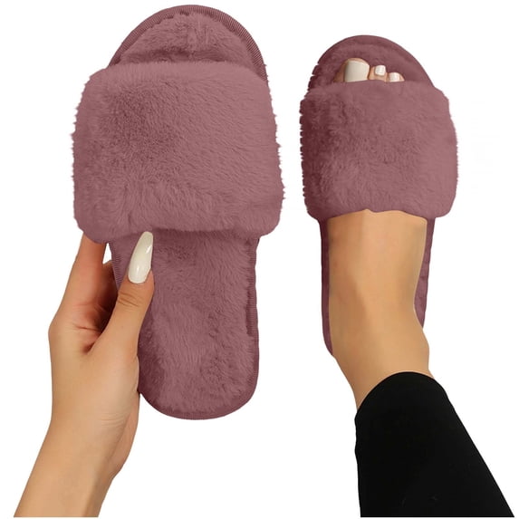 Fuzzy Slippers for Women Open Toe Cozy Plush House Slides with Memory Foam Cute Soft Indoor Outdoor Shoes Coffee 7.5-7.5