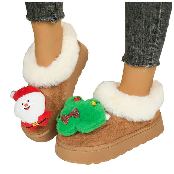 Fuzzy Slippers for Women Suede Plush Warm Slip on Memory Foam Winter Booties Xmas Decor Round Toe Short Snow Boots