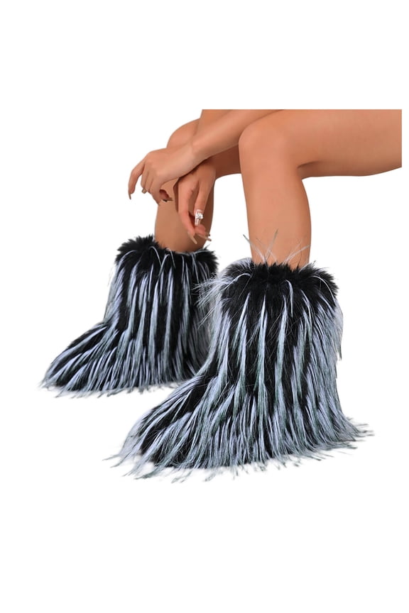 Fuzzy Snow Boots for Women 2025 fashion Winter Furry Mid Calf Flat Heel Fluffy Plush Warm Short Booties